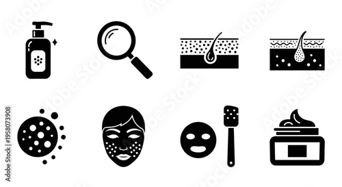 Set of skincare and dermatology icons representing analysis and treatment of skin conditions