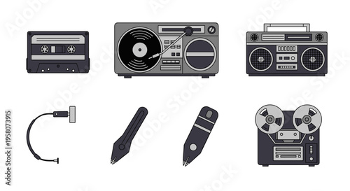Collection of vintage audio devices and accessories in a flat design style
