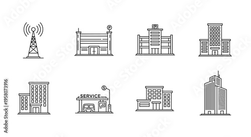 Collection of modern building icons and communication tower in a clean line art style