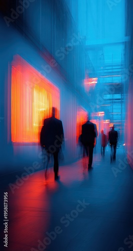 Blurry scene of people walking through a vibrant neon lit corridor or tunnel with blue and orange hues