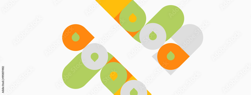 Fototapeta premium Abstract graphic design featuring colorful capsule shapes. Orange, green, gray elements create playful pattern. Minimalist aesthetic.