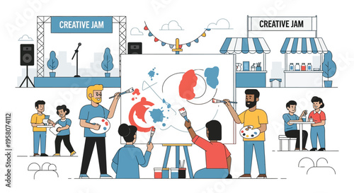 Diverse group of artists collaborating on a large painting.