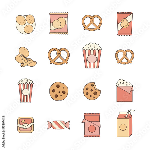 Assorted Snacks Icons: Chips, Pretzels, Popcorn, Cookies, Candy, Juice Box