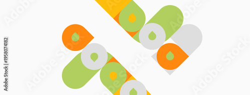 Abstract graphic design featuring colorful capsule shapes. Orange, green, gray elements create playful pattern. Minimalist aesthetic.