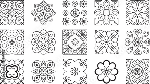 Collection of various intricate floral patterns and designs for decorative use  geometric shapes