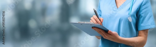Healthcare professional taking notes on a clipboard