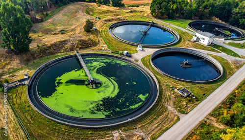 Aerial View of Wastewater Treatment Plant with Circular Settling Tanks