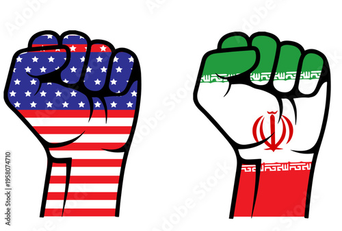 two kulaks on white  icons, flag Iran and flag America,