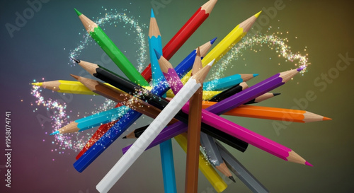 Vibrant colored pencils arranged in a creative burst with sparkles on a gradient background for artistic expression