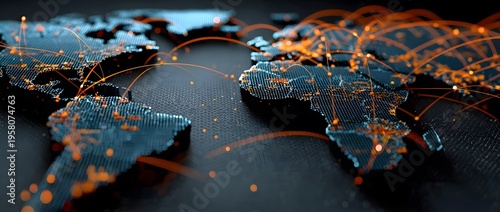 Global network connections on a digital world map showing data flow across continents with illuminated orange lines and bright blue points representing modern technology and worldwide commun