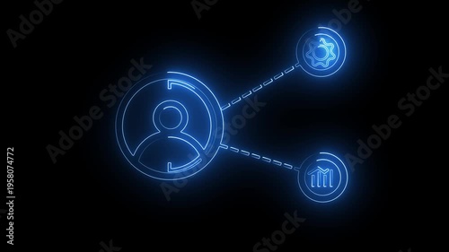 Animated simple network diagram with three user icons connected by lines representing social media or organizational structure on a black background.