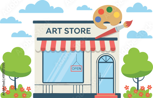 Art store building vector, flat cartoon illustration of a creative shop facade with paint palette and brush icon