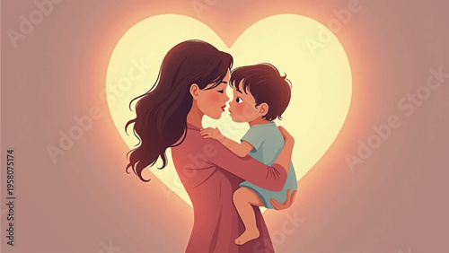 Vector illustration of mother holding baby in front of heart