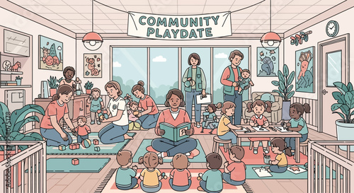Diverse group of children and adults enjoying a community playdate indoors.
