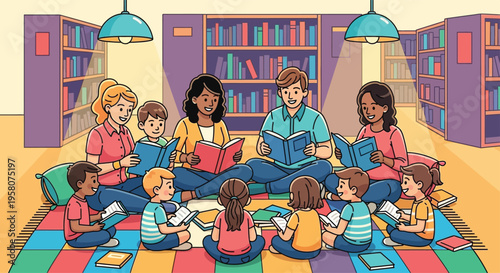 Diverse group of children and adults enjoying a story time session.