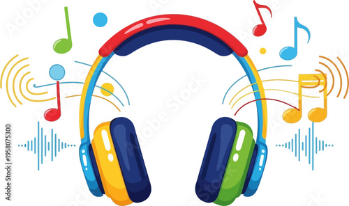 Vibrant cartoon illustration of colorful headphones surrounded by floating musical notes and dynamic sound waves, representing audio entertainment.