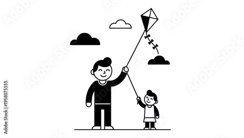 Father and Child Flying Kite Together.