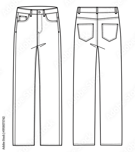 Cuadro en lienzo Mens denim jeans technical flat fashion sketch vector template illustration fron