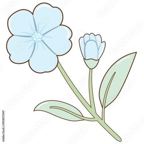 Pastel Blue Flowers with Green Leafs Hand Drawn Illustration