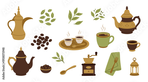 Traditional Arabic Coffee Set and Coffee Beans Illustration with Vintage Grinder and Lantern