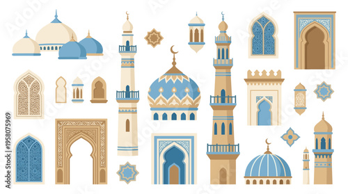 Collection of Islamic architectural elements including domes minarets and ornate windows and doorways in blue and beige tones