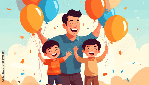 Happy Father and Sons Celebrating with Balloons.
