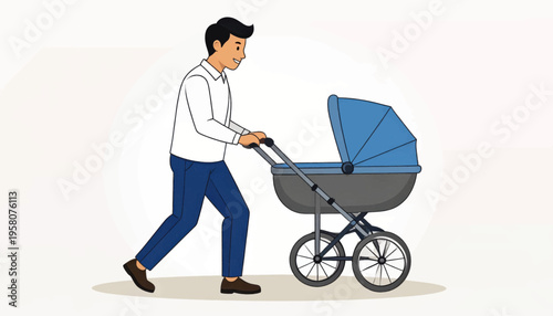 Man Pushing Baby Stroller with Blue Canopy.