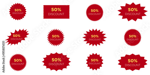 Set of Red 50 Percent Off Sale Badges and Half Price Promo Stickers