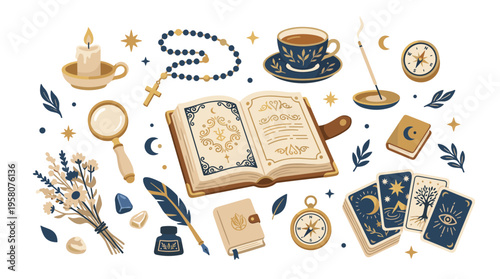 Mystical objects and symbols for divination and magic including tarot cards, ancient book, rosary, candle, magnifying glass, and incense burner