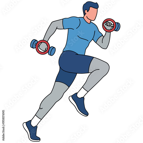 A man exercising with dumbbells while running maintaining a fit lifestyle
