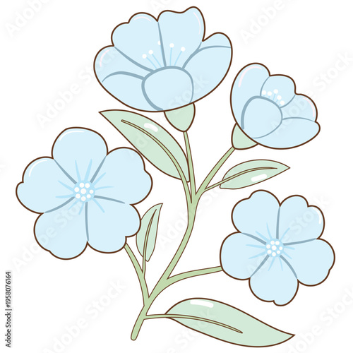 Pastel Blue Flowers with Green Leafs Hand Drawn Illustration