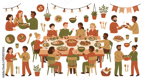 Diverse group of people enjoying a festive harvest feast together around a large table celebrating community and togetherness