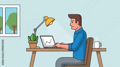 Man Working on Laptop at Desk.