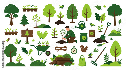 Gardening and planting concept with trees seedlings plants tools and person caring for nature and environment illustration