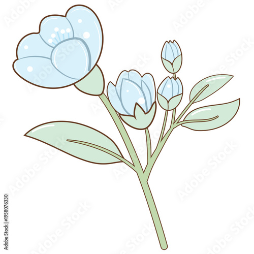 Pastel Blue Flowers with Green Leafs Hand Drawn Illustration