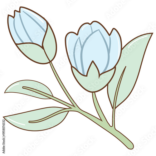 Pastel Blue Flowers with Green Leafs Hand Drawn Illustration