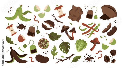 Collection of organic compostable waste materials for sustainable gardening and soil enrichment