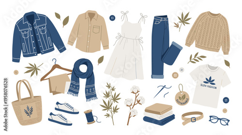 Flat lay of organic cotton clothing and accessories for a sustainable wardrobe collection with natural elements like leaves and cotton bolls