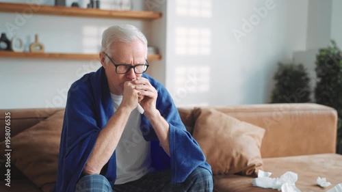 Senior male person feeling fever and runny nose, coughing hard, influenza season. Aged man sitting on couch in apartment, contagious viral infection of respiratory passages causing fever and catarrh