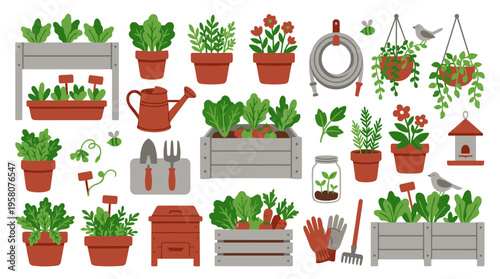 Vibrant illustration of a home garden with various plants pots watering can tools and birdhouse symbolizing healthy living and outdoor hobbies