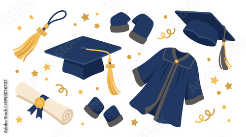 Graduation symbols including cap gown diploma and confetti for academic achievement and celebration