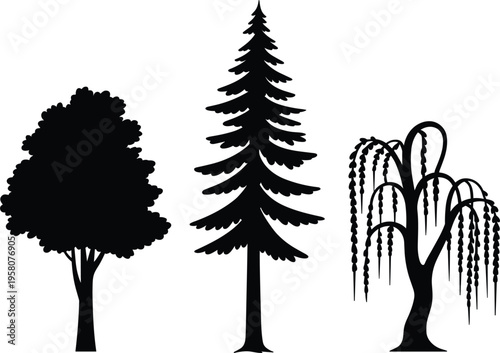 Tree silhouette vector set, black icons of deciduous, coniferous pine, and weeping willow for landscape design