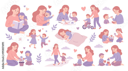 Motherhood moments diverse activities with child nurturing bonding and learning together in a warm pastel color palette