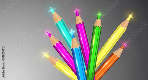 Colorful pencils with sparkles on tips arranged in a fan shape on gray background symbolizing creativity and art