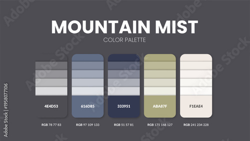Mountain mist cool winter color palette guide. Natural colour palettes and swatch with hex rgb codes. Professional branding design template for corporate identity and creative strategic projects.