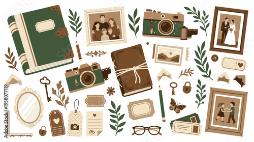 Vintage scrapbook and photo album elements for preserving memories, including cameras, frames, and decorative items, evoking nostalgia and personal history.
