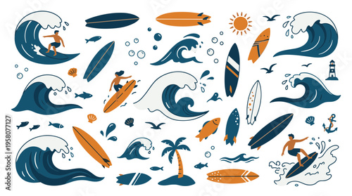 Surfing waves and surfboards collection tropical beach elements and ocean sport lifestyle illustration