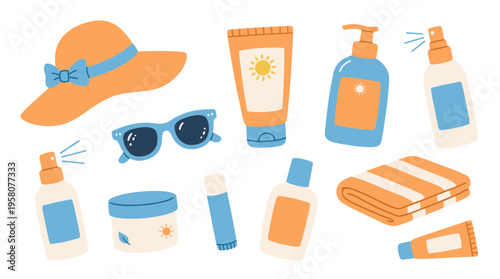 Summer vacation essentials including sun hat sunglasses sunscreen lotion and beach towel for sunny day protection and skincare