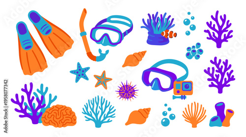 Colorful underwater scene with snorkeling gear coral reef fish seashells and starfish for summer vacation and ocean exploration