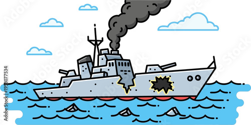 Cartoon illustration of a heavily damaged warship with large holes in its hull and black smoke billowing from its stack, floating in the ocean.